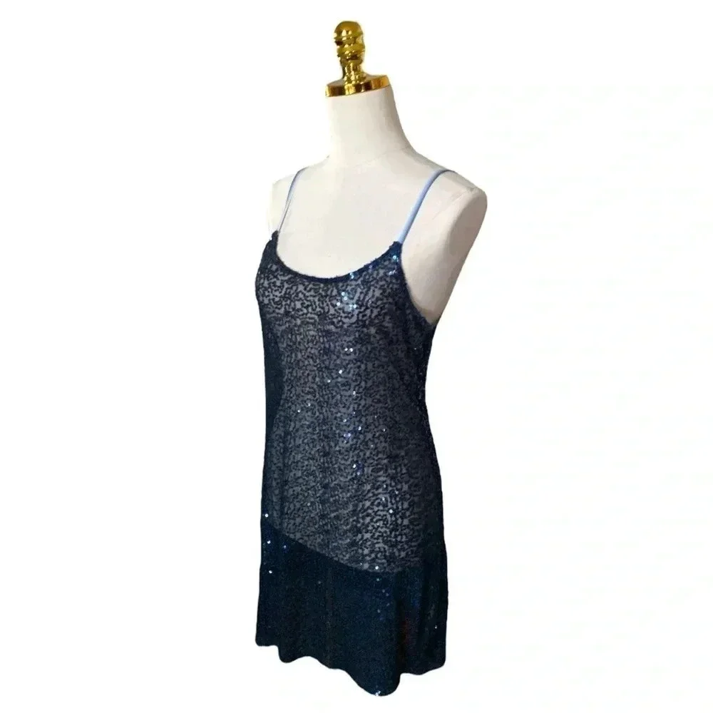 FREE PEOPLE | Intimately Blue Sparkly Sequin Embroidered Slip Mini Dress Size L